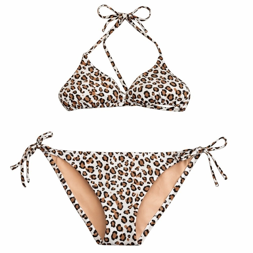 J Crew Women's Leopard Print String Bikini Large Top Medium‎ Bottom Beach Resort